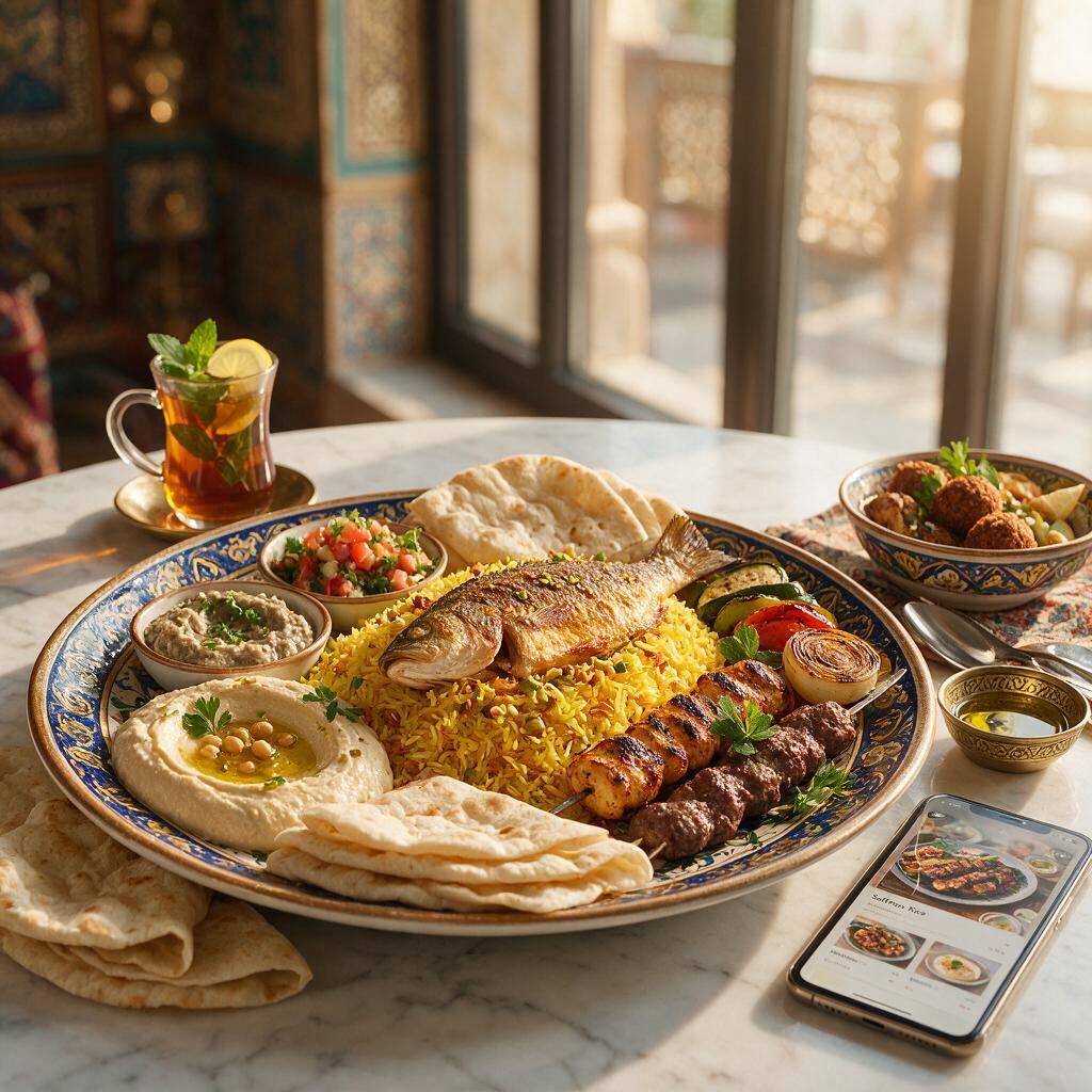 A beautifully plated dish with the digital menu alongside