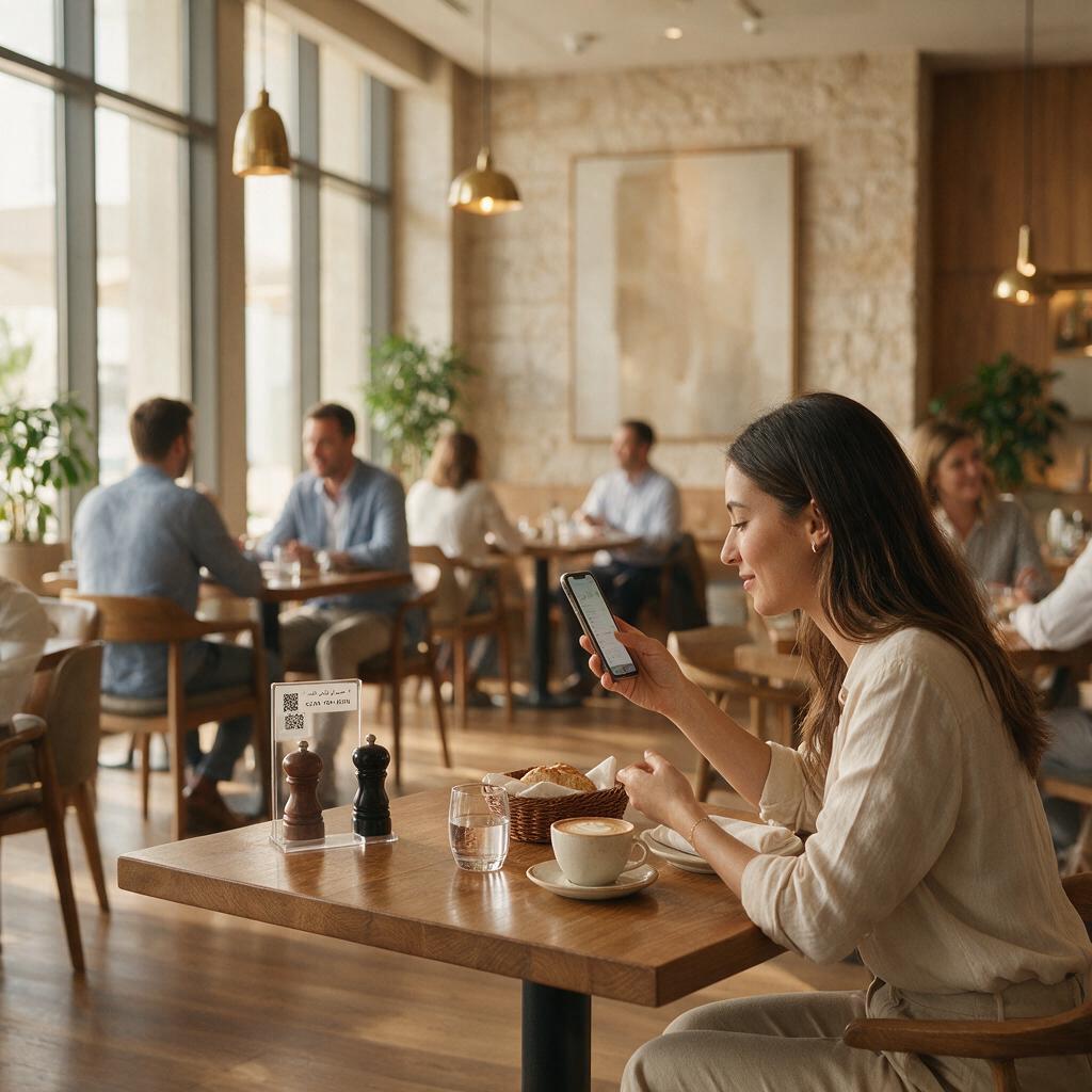 A guest scanning a Scanly QR code at a cafe table in the UAE